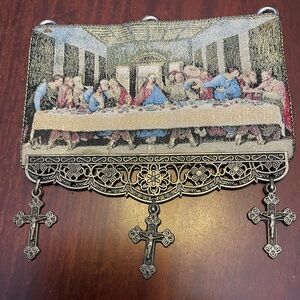 The last supper-Jesus+Apostles-vintage fabric tapestry+ pewter border & crosses.